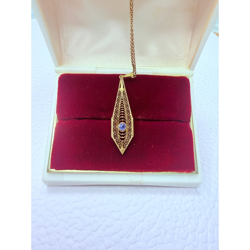 14Kt Gold Lavaliere Necklace Blue Stone Filigree Pendant 16"